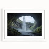 Framed landscape artwork depicting a serene cave scene, featuring a white mat and sleek frame, ideal for home decor or art enthusiasts.