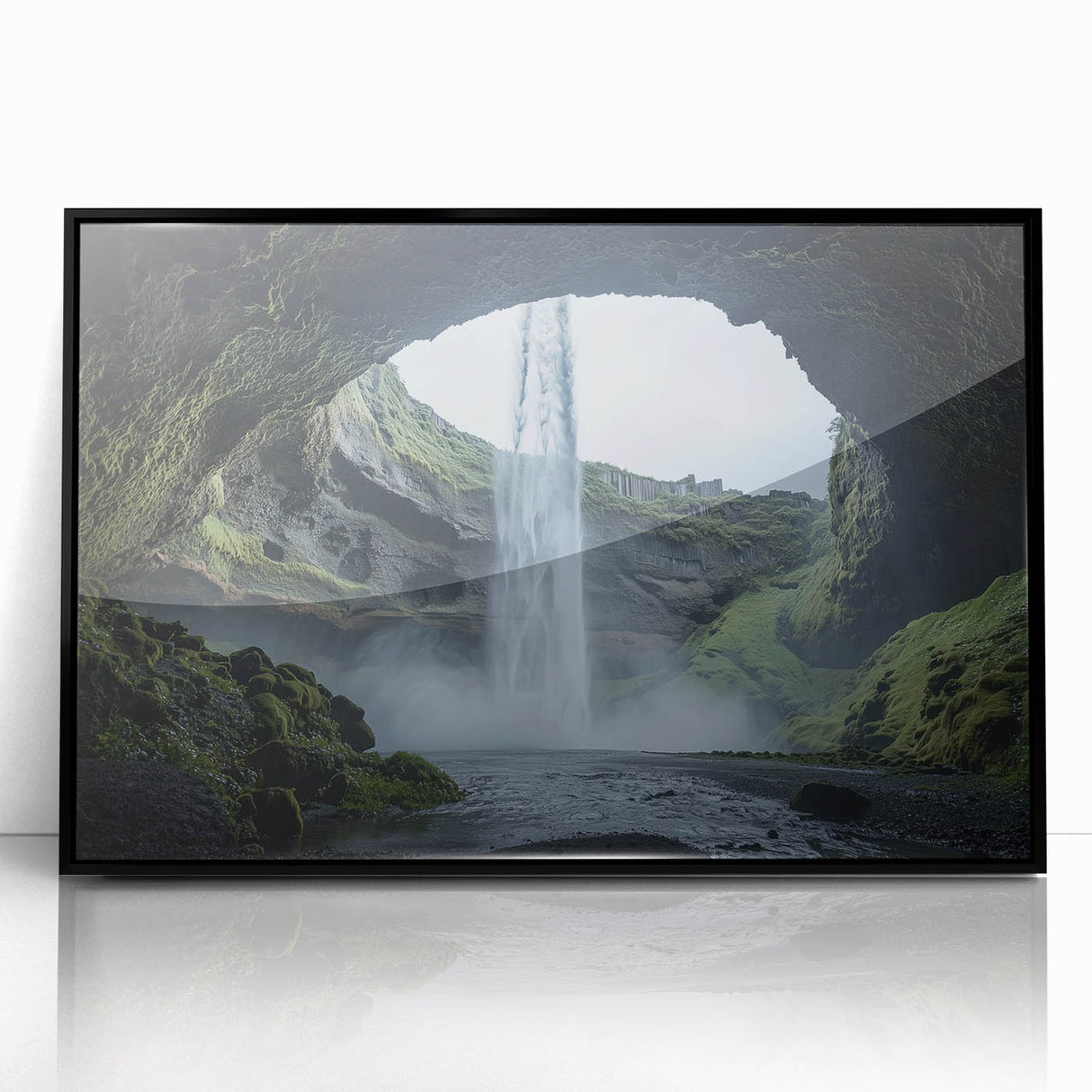 Framed acrylic artwork showcasing a stunning landscape cave scene with intricate details, set against a sleek black frame, ideal for modern home decor.