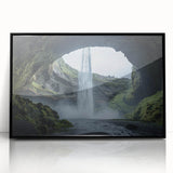 Framed acrylic artwork showcasing a stunning landscape cave scene with intricate details, set against a sleek black frame, ideal for modern home decor.