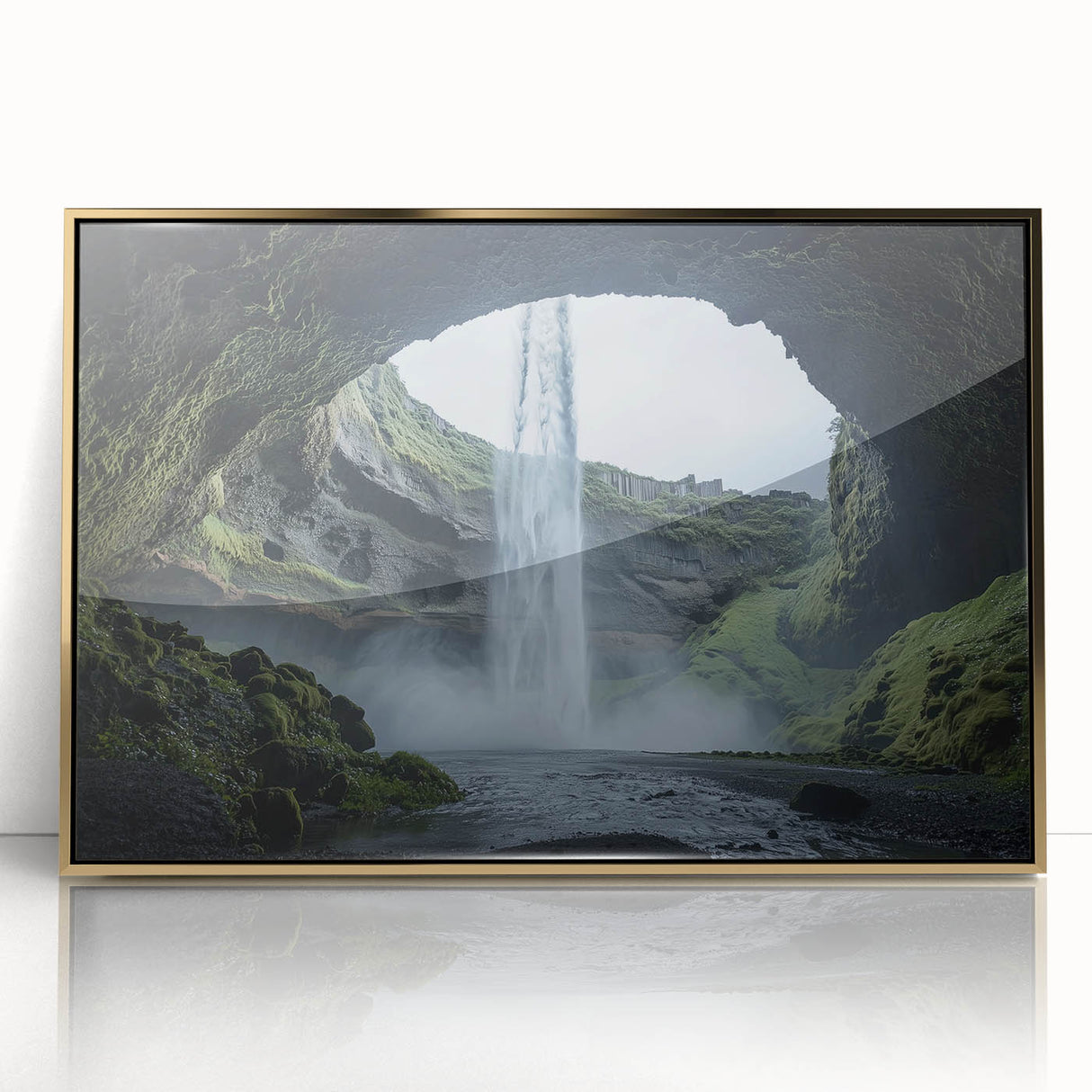 Framed acrylic artwork titled "Design 121" showcasing a stunning landscape with intricate cave formations, featuring a striking gold border that enhances its elegance.
