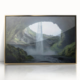 Framed acrylic artwork titled "Design 121" showcasing a stunning landscape with intricate cave formations, featuring a striking gold border that enhances its elegance.