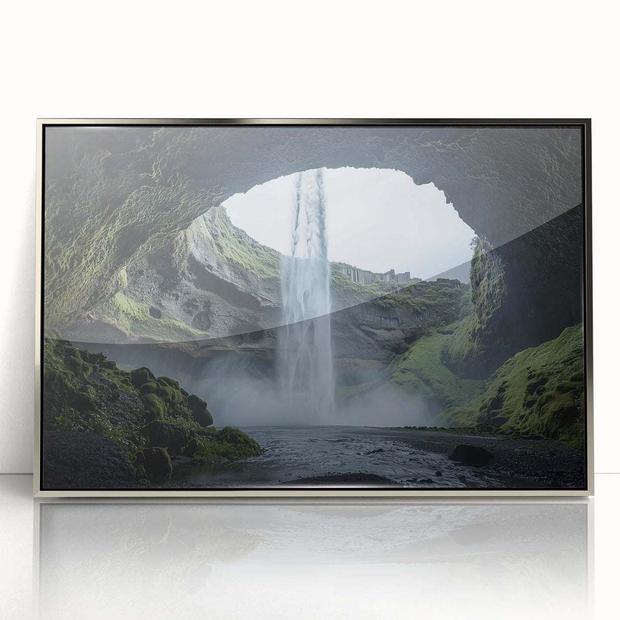 Framed acrylic artwork showcasing a serene landscape with caves, featuring silver accents and a modern design, perfect for contemporary home decor.