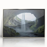 Framed acrylic artwork showcasing a serene landscape with caves, featuring silver accents and a modern design, perfect for contemporary home decor.