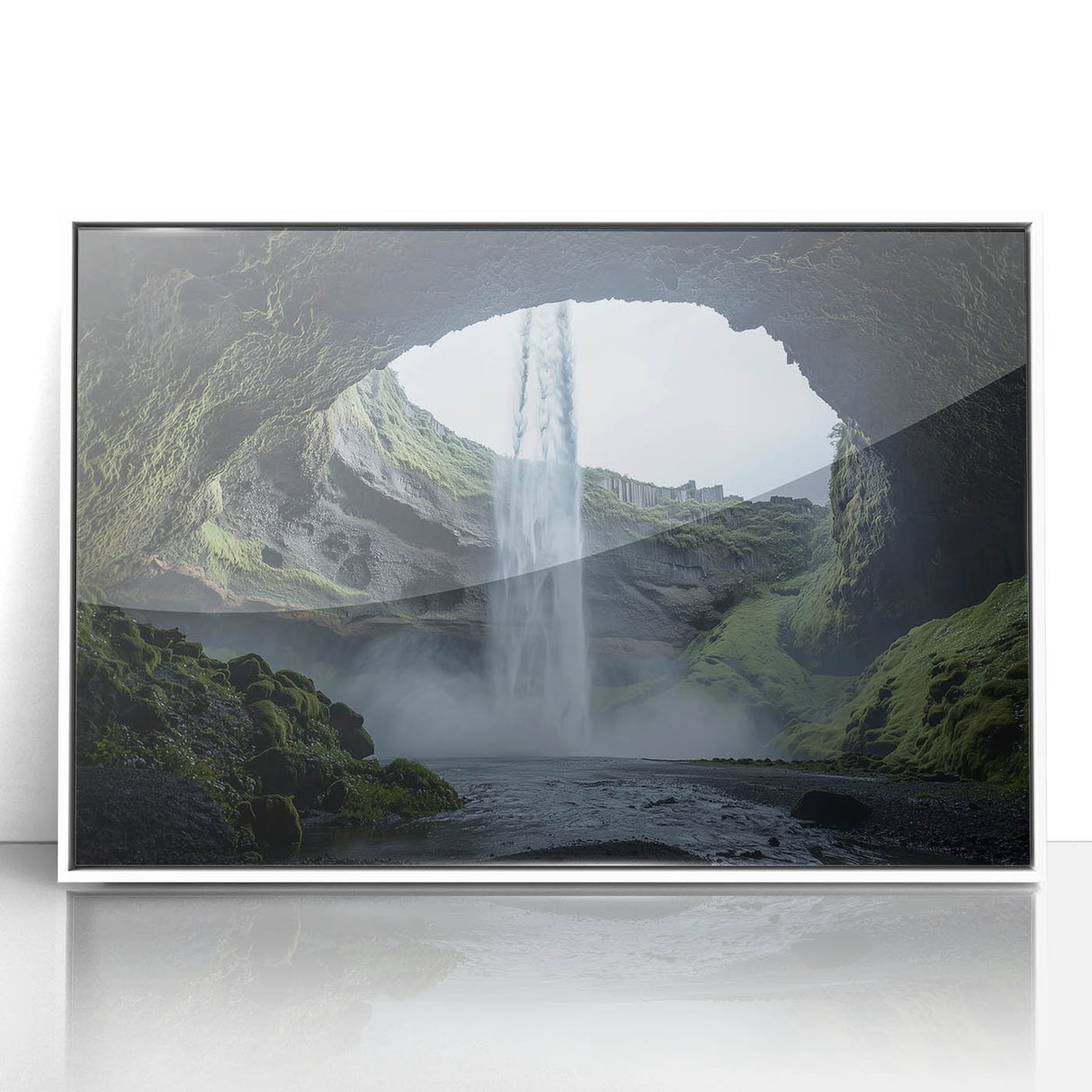 Framed acrylic landscape artwork showcasing dramatic caves, set in a sleek white frame, perfect for modern home decor and artistic inspiration.