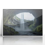 Framed acrylic landscape artwork showcasing dramatic caves, set in a sleek white frame, perfect for modern home decor and artistic inspiration.