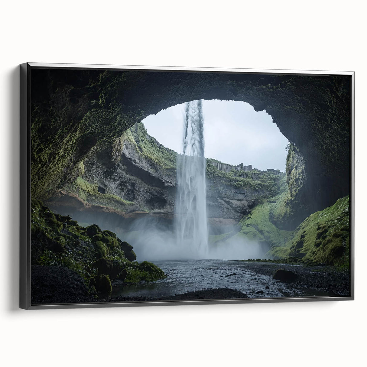 Framed canvas artwork showcasing a captivating landscape with intricate cave formations, featuring a sleek black frame that enhances the depth and detail of the design. Ideal for modern home decor, this piece brings a touch of nature-inspired elegance to any space.
