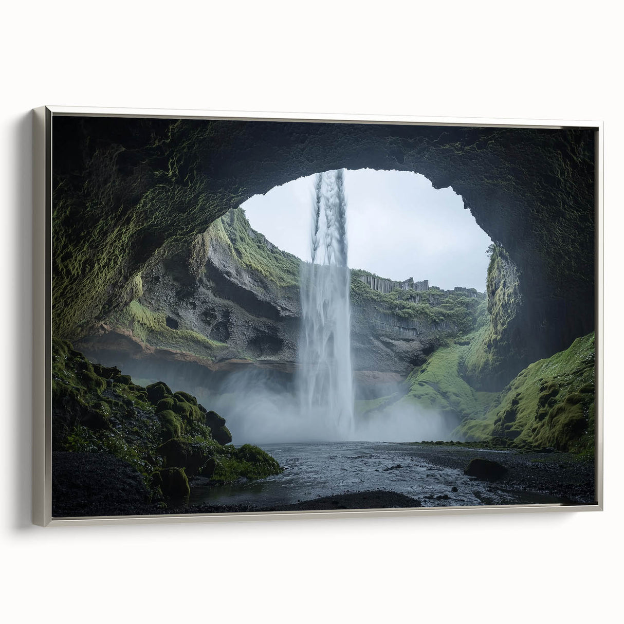 Framed canvas artwork showcasing a detailed landscape of caves, featuring a silver side profile. The piece highlights intricate textures and earthy tones, perfect for enhancing any modern home decor.
