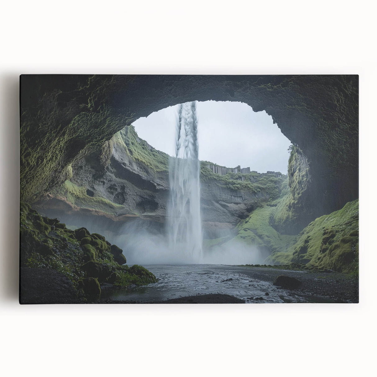 Stretched canvas artwork depicting a serene landscape with caves, showcasing earthy tones and intricate details, suitable for home decor in living spaces.
