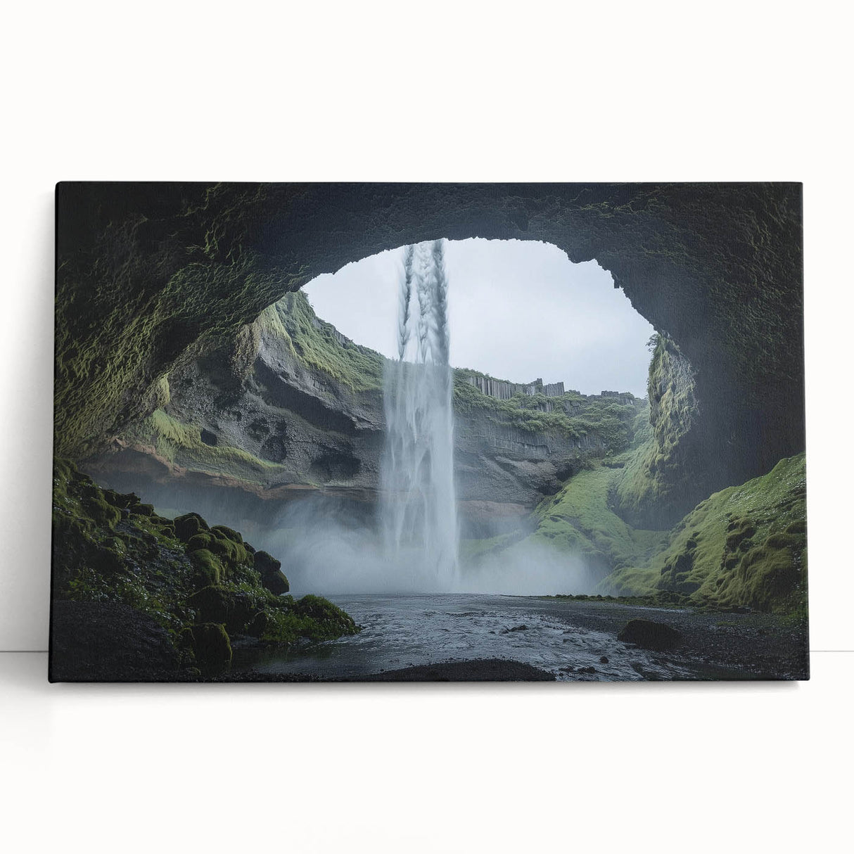 Stretched canvas artwork depicting a serene landscape scene with caves, featuring earthy tones and intricate details, ideal for home decor and art enthusiasts.