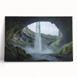 Stretched canvas artwork depicting a serene landscape scene with caves, featuring earthy tones and intricate details, ideal for home decor and art enthusiasts.