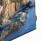 Close-up of a vibrant acrylic landscape artwork depicting dramatic cliffs against a colorful sky, showcasing intricate details and textures for wall decor enthusiasts.