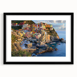 Framed landscape artwork depicting dramatic cliffs under a vibrant sunset, showcasing rich colors and intricate details, designed to enhance any interior decor.