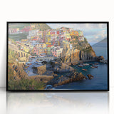 Framed acrylic artwork depicting dramatic cliffs in a serene landscape, showcasing vibrant colors and intricate details, perfect for enhancing modern home decor.