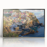 Framed acrylic landscape artwork showcasing dramatic cliffs and serene coastal scenery, designed to enhance modern home decor with its vibrant colors and fine details.