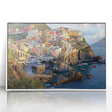 Framed acrylic artwork depicting dramatic cliffs in a picturesque landscape, showcasing vibrant colors and textures ideal for home decor accents.