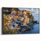 Framed canvas artwork depicting a dramatic landscape of cliffs under a vibrant sunset, showcasing rich colors and intricate details, ideal for modern home decor.