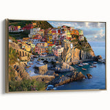 Framed canvas artwork depicting a stunning landscape with cliffs, featuring a gold side frame that enhances its elegance, perfect for home decor.