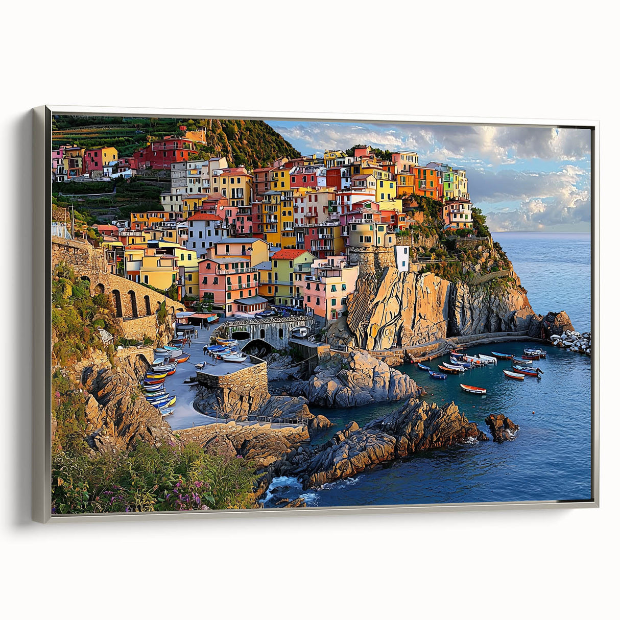 Framed canvas artwork displaying a stunning landscape of cliffs, featuring intricate details and a silver frame, perfect for enhancing modern home decor.