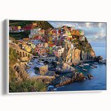 Framed canvas artwork depicting a stunning landscape with dramatic cliffs and serene skies, showcasing earthy tones and textures, ideal for home decor.