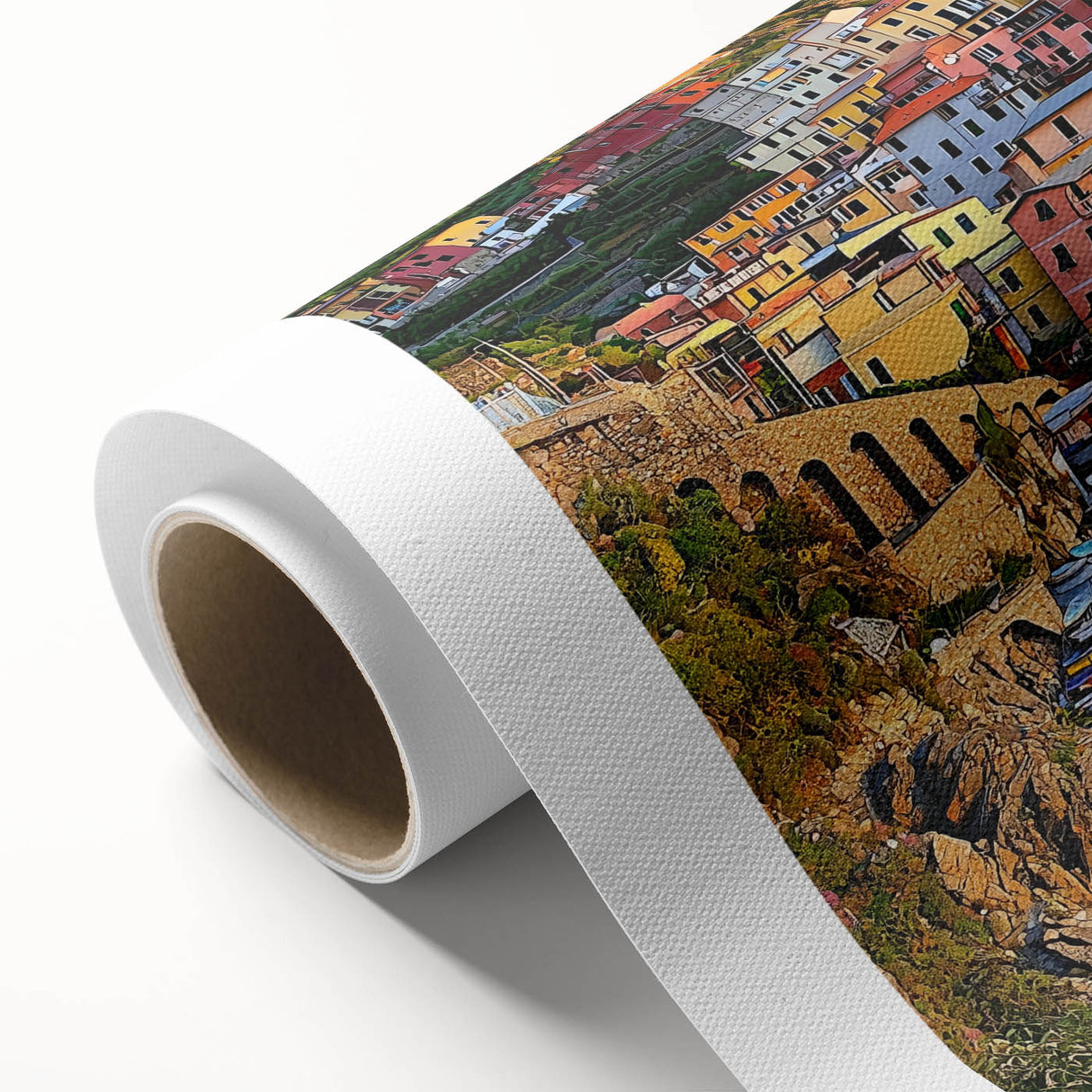 Stunning rolled canvas artwork depicting dramatic cliffs and serene landscapes, showcasing vibrant colors and intricate details, perfect for home decor.