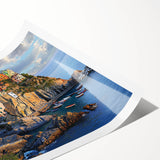 Vibrant landscape artwork featuring majestic cliffs and a serene sky, printed on high-quality canvas and rolled for easy shipping, perfect for home decor.