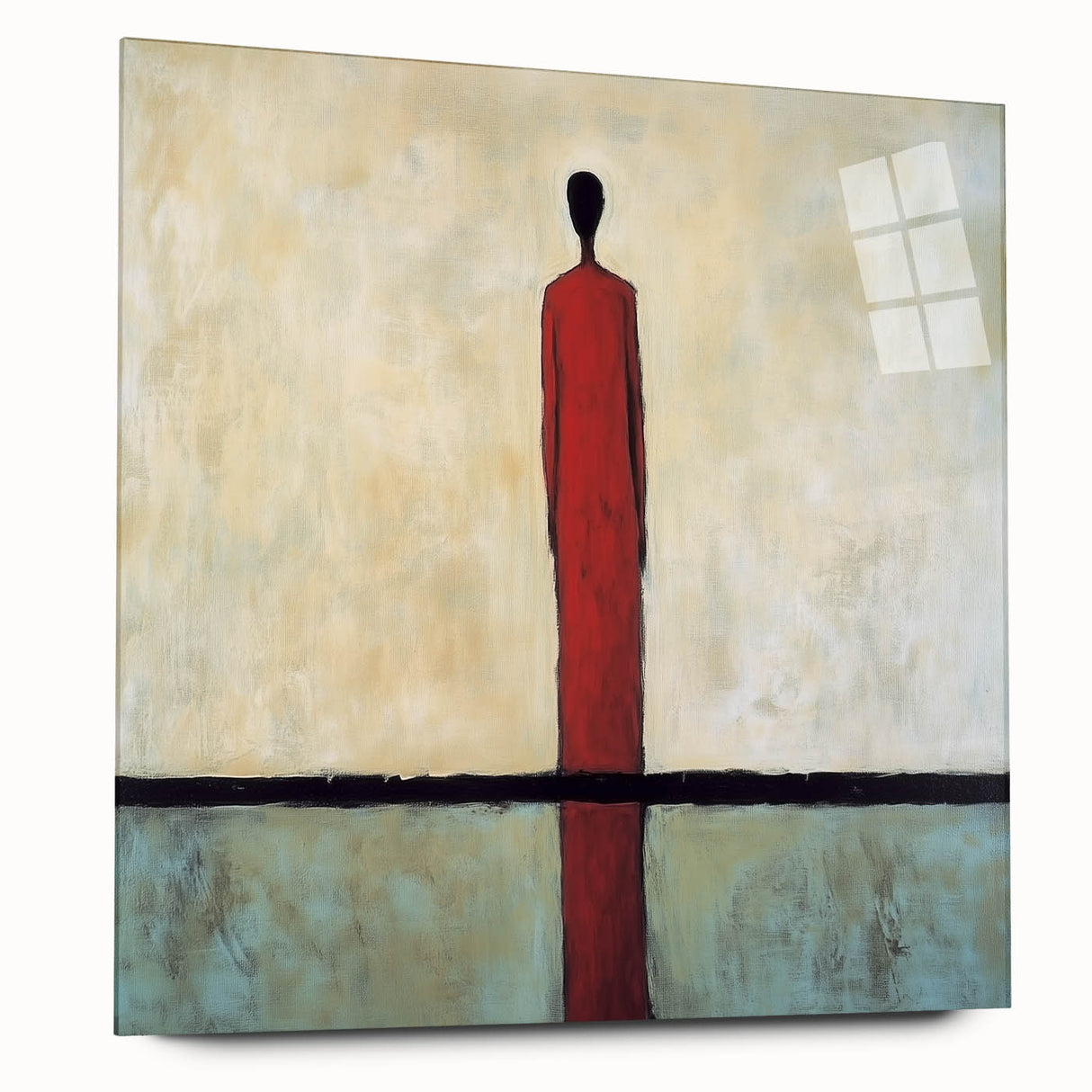 Abstract figurative acrylic artwork displayed on a clear glass surface, showcasing vibrant colors and fluid shapes, ideal for modern home decor.