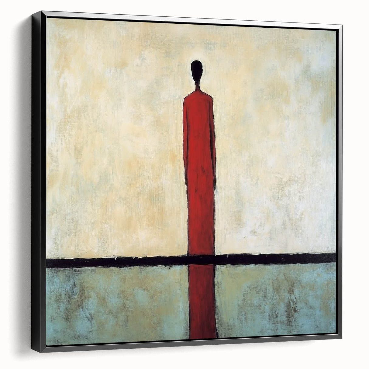 Framed abstract figurative art canvas in black, showcasing dynamic shapes and contrasting colors, ideal for modern home decor, viewed from the side.