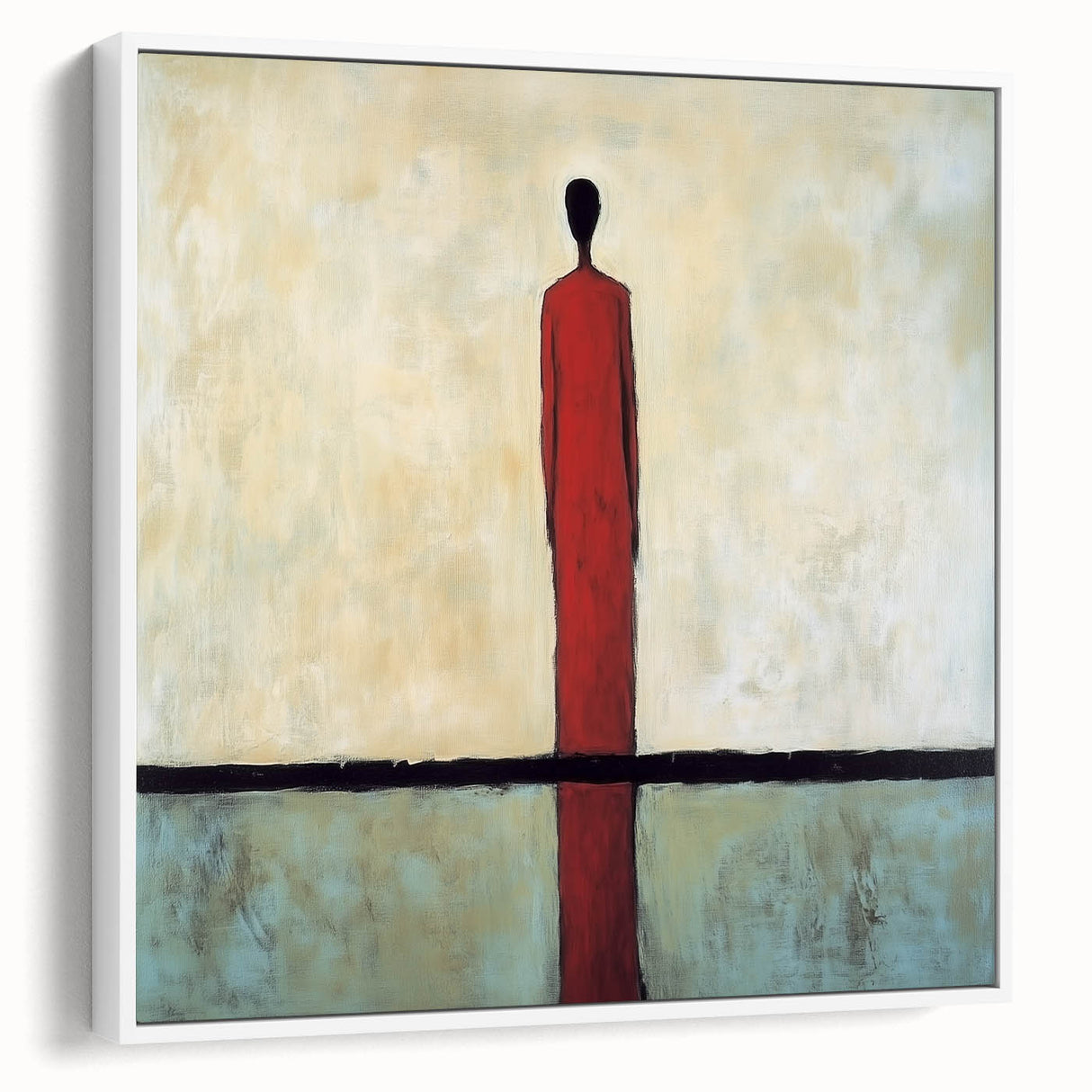 Abstract figurative artwork in a white frame, showcasing a dynamic blend of colors and shapes, ideal for modern home decor, side view emphasizing the frame's sleek design.