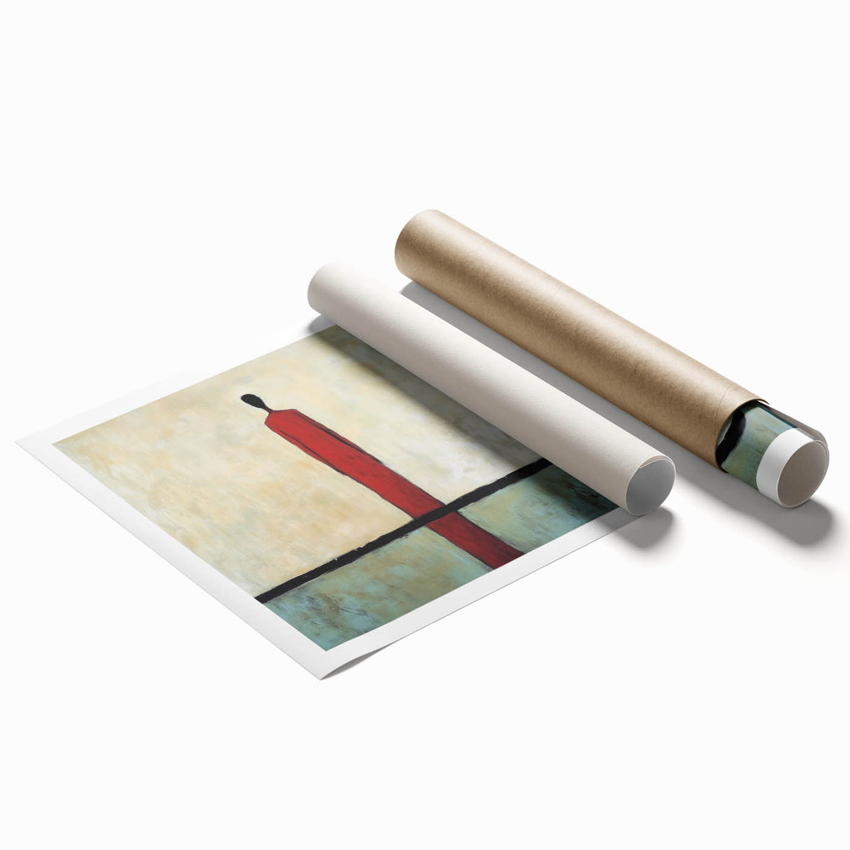 Abstract figurative art print showcasing vibrant colors and dynamic shapes, rolled and ready for display, highlighting modern artistic expression in home decor.
