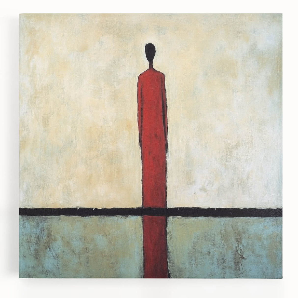 Abstract figurative stretched canvas artwork showcasing vibrant colors and dynamic shapes, perfect for modern home decor or art enthusiasts, displayed against a neutral background.