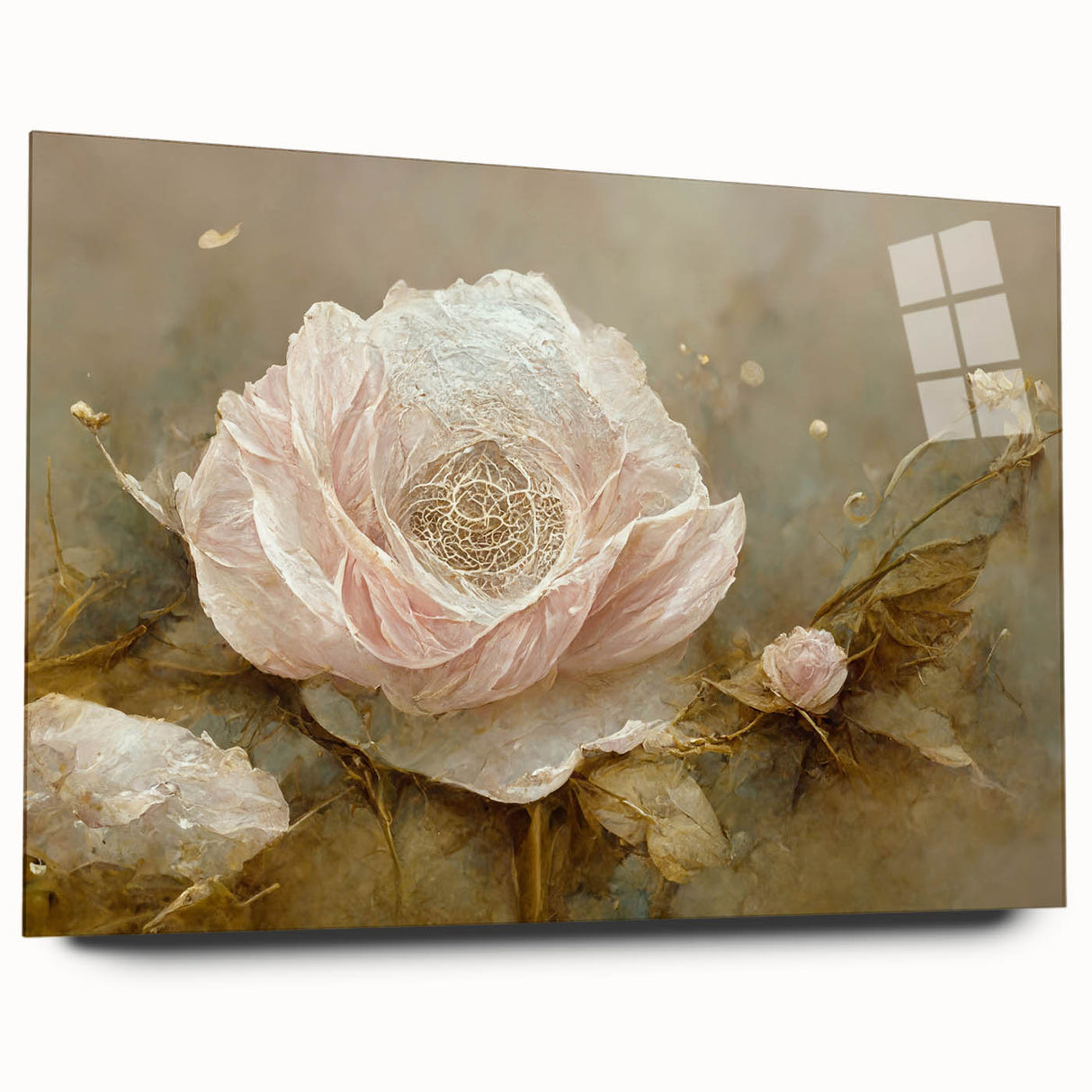 Abstract floral wall art displayed in a side view, showcasing vibrant colors and intricate details on acrylic glass, perfect for modern home decor.