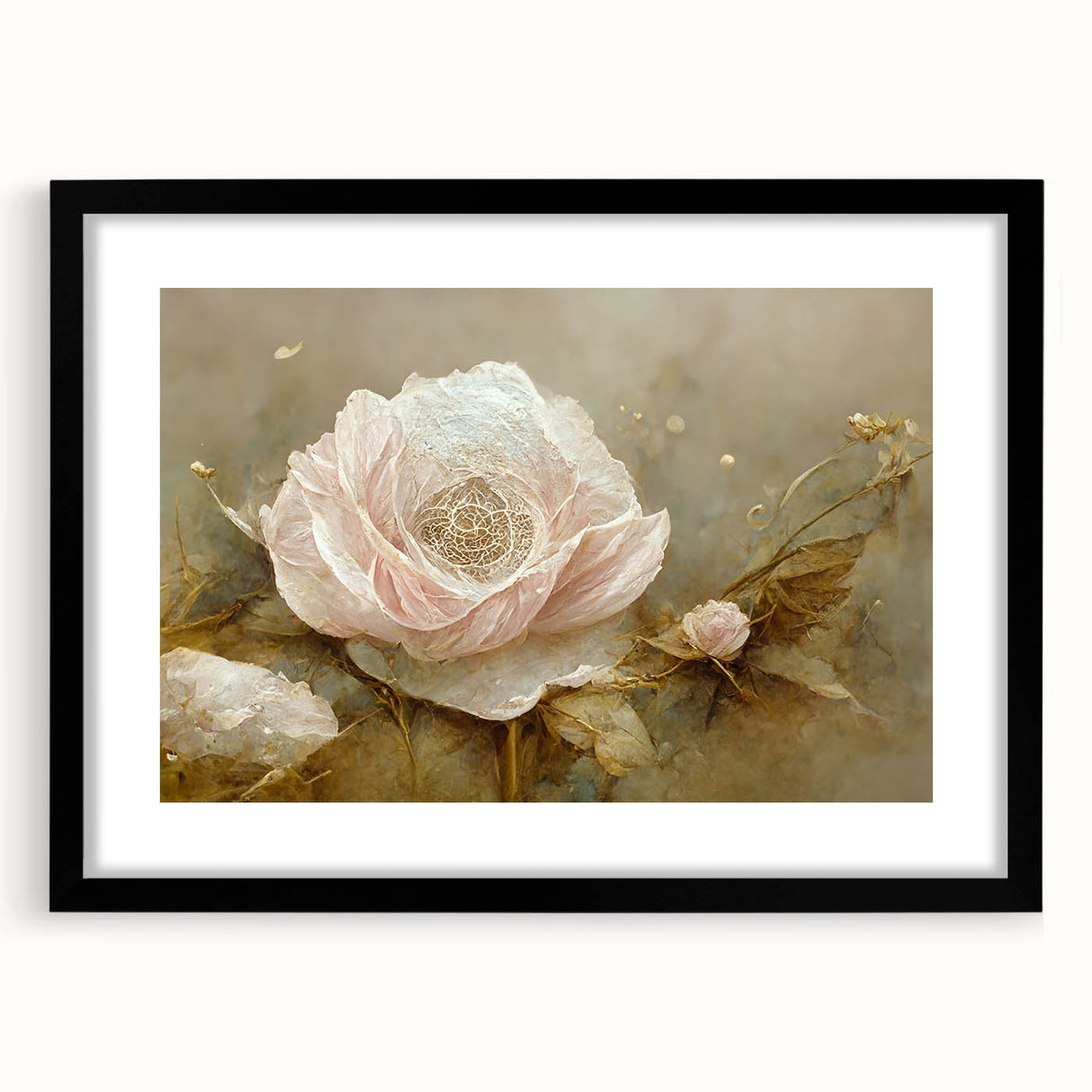 Abstract floral wall art framed in black with a mat, showcasing vibrant colors and intricate designs, perfect for enhancing contemporary decor.