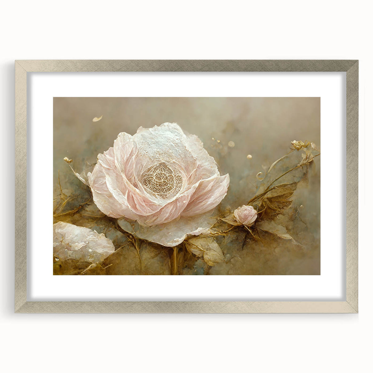 Abstract floral wall art framed in silver with a mat, showcasing vibrant colors and intricate details, perfect for enhancing modern home decor.