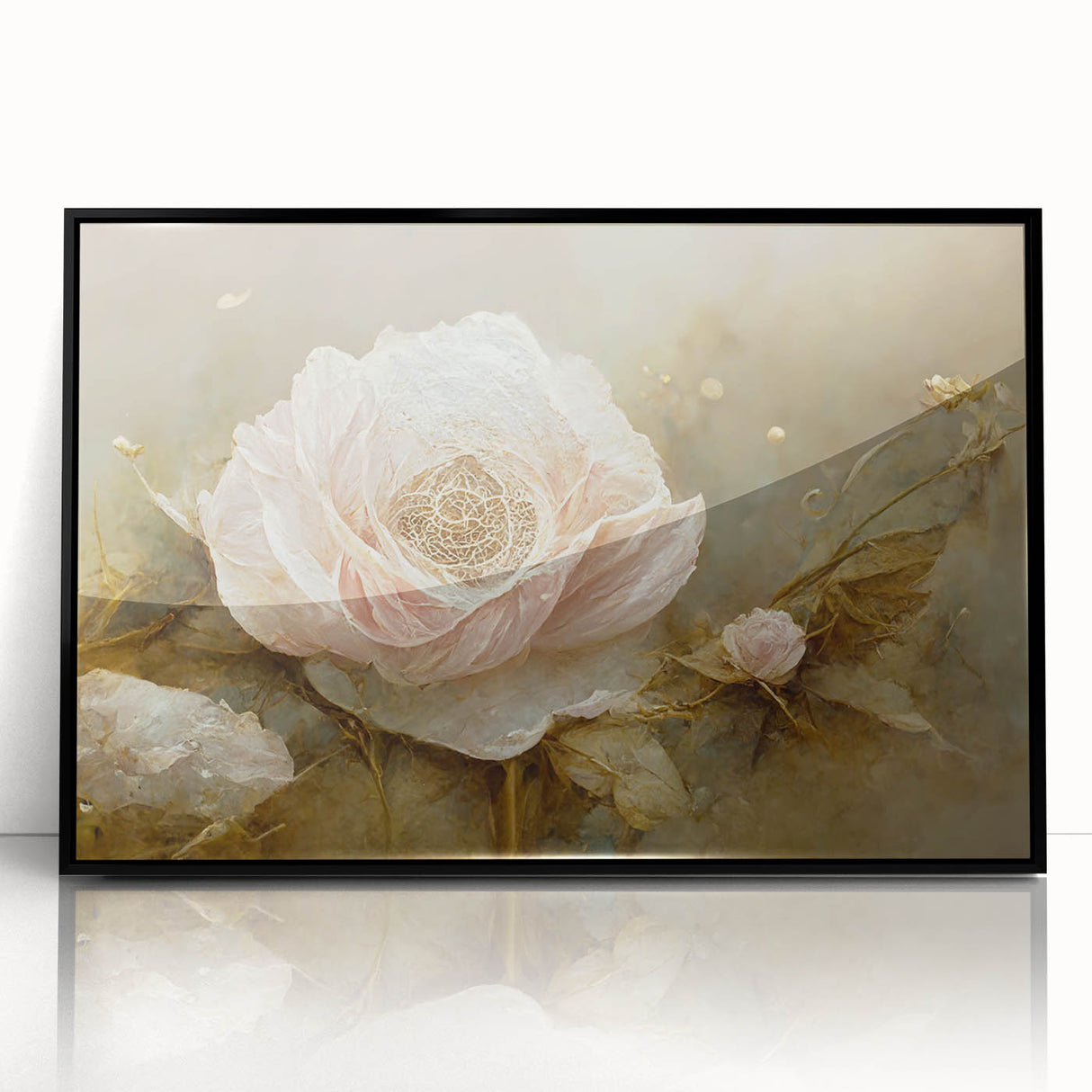 Framed abstract floral wall art featuring vibrant colors and intricate designs, showcased in a sleek black frame, perfect for modern home decor.