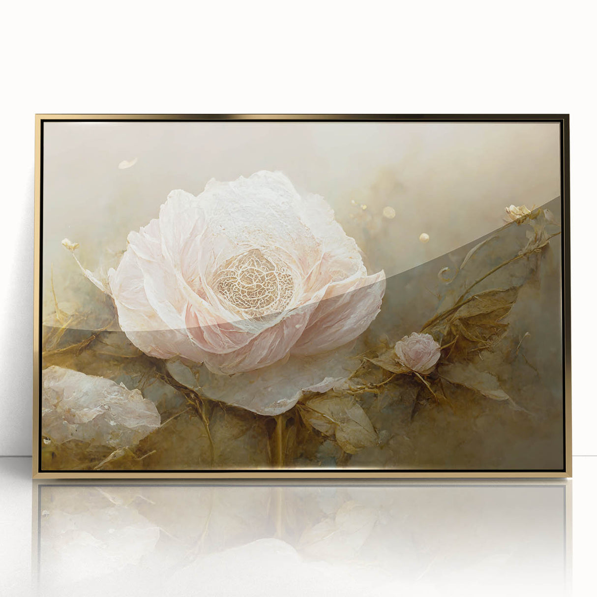 Framed acrylic wall art featuring an abstract floral design in vibrant colors with gold accents, perfect for enhancing modern decor in living spaces.