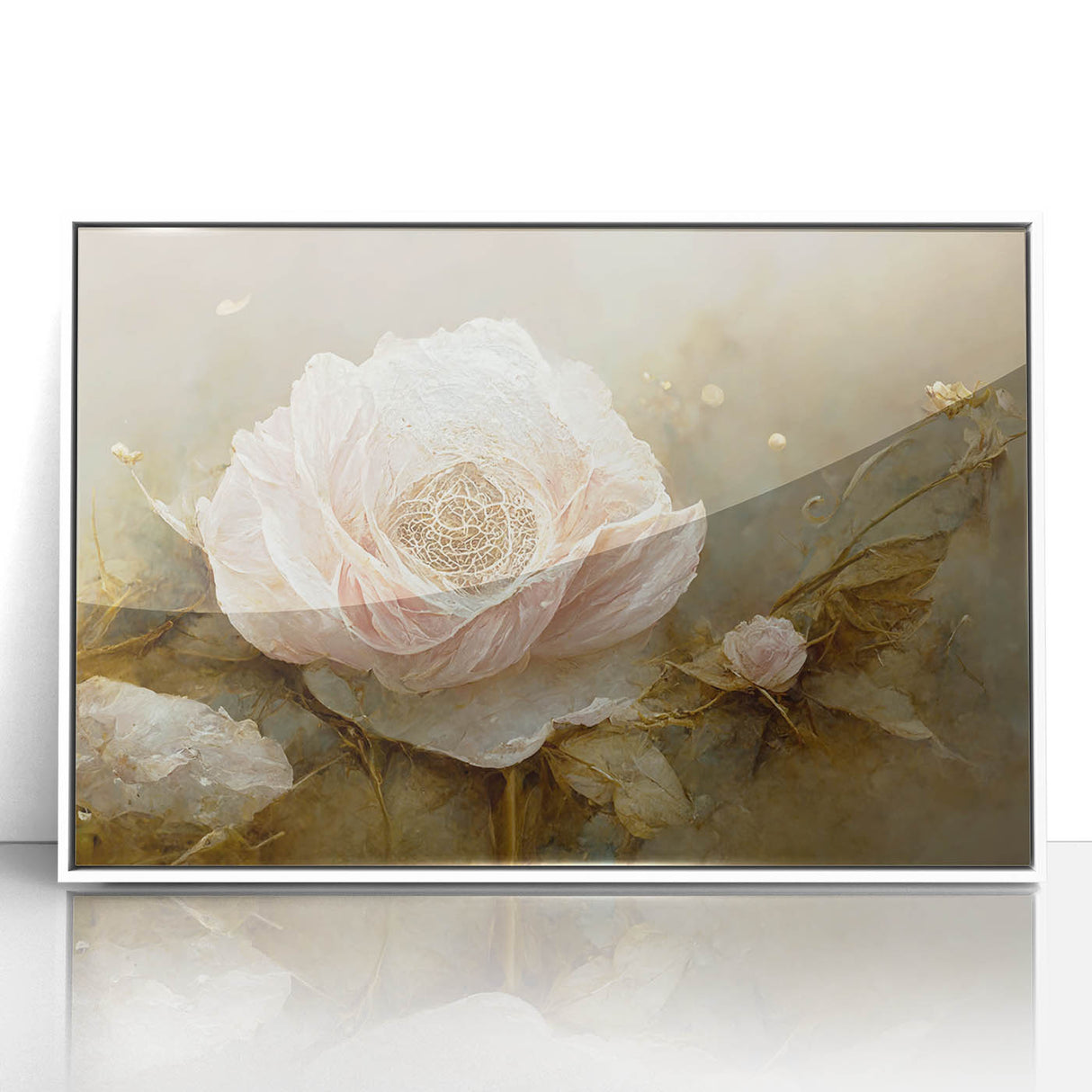 Framed abstract floral wall art with vibrant colors and intricate designs, set against a sleek white background, perfect for modern home décor.