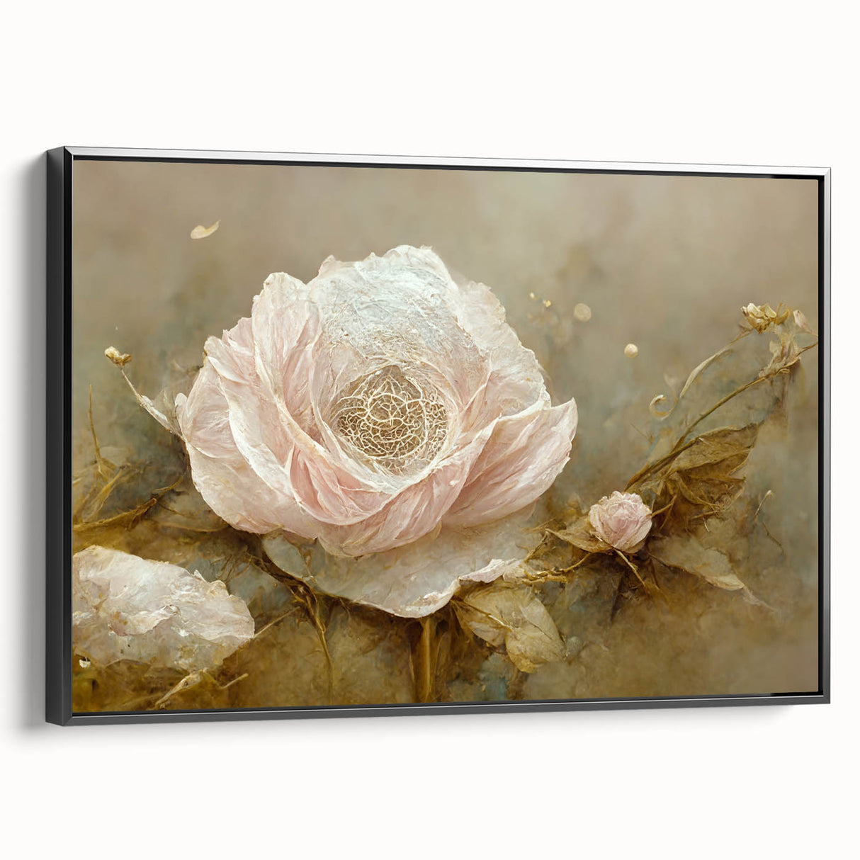 Framed canvas wall art showcasing abstract floral design in vibrant colors, viewed from the side against a neutral background, perfect for modern decor.