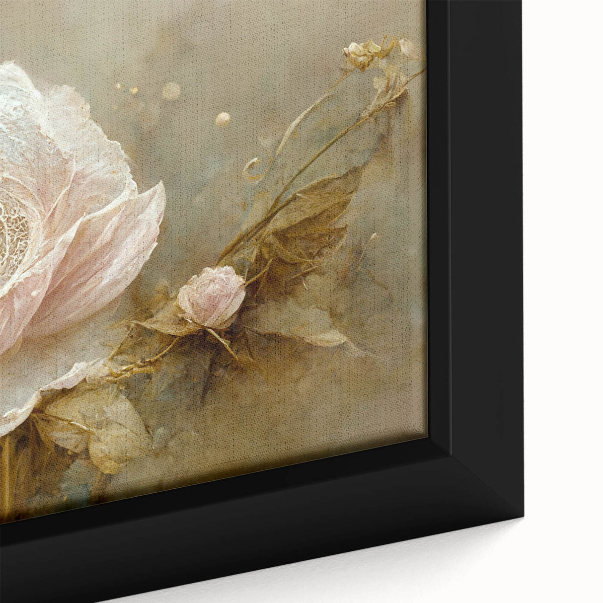 Close-up of a framed canvas featuring vibrant abstract floral wall art in shades of blue, pink, and yellow, perfect for modern home decor.
