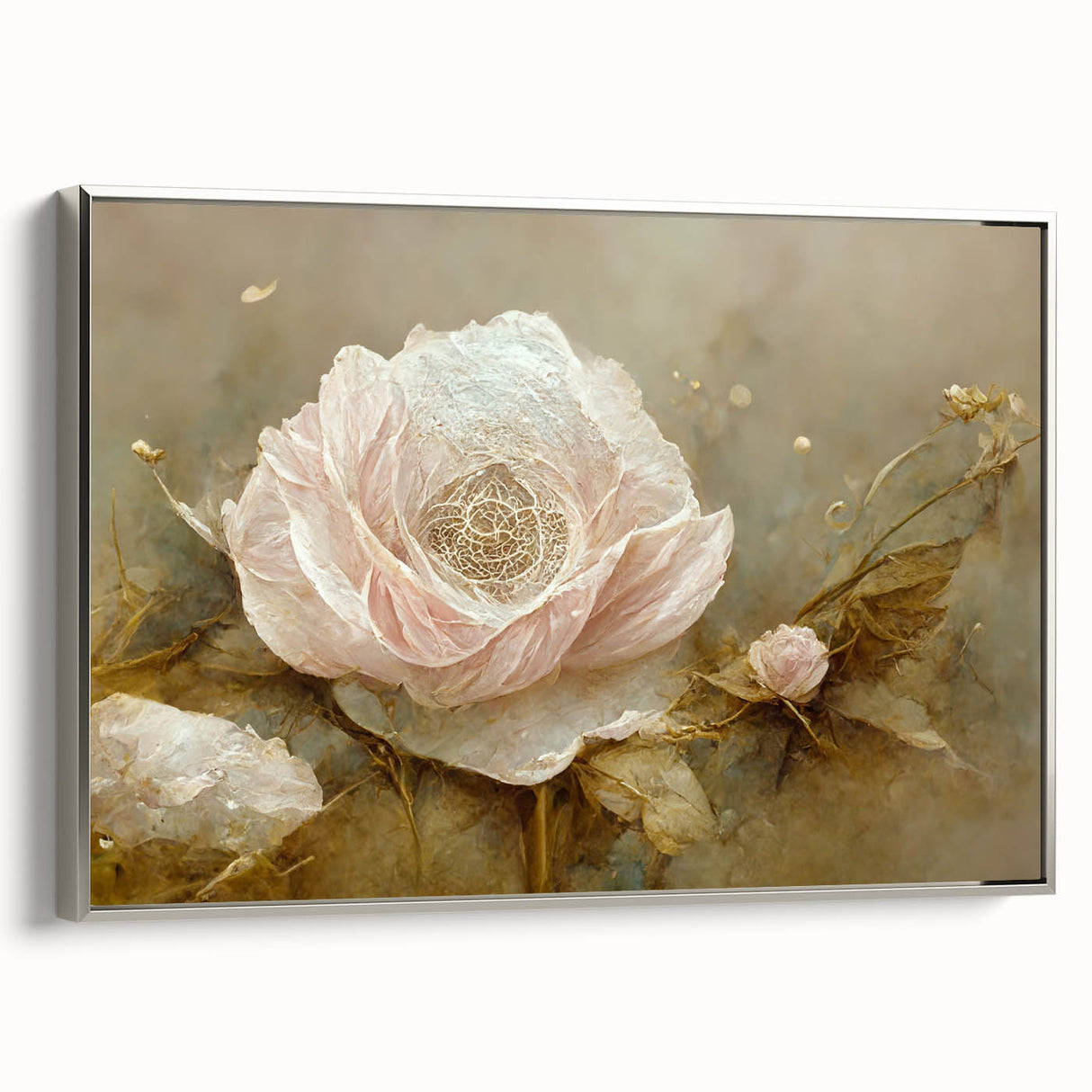 Framed abstract floral wall art in soft pastel colors with a silver frame, showcasing an elegant side view suitable for modern decor, perfect for enhancing any space.