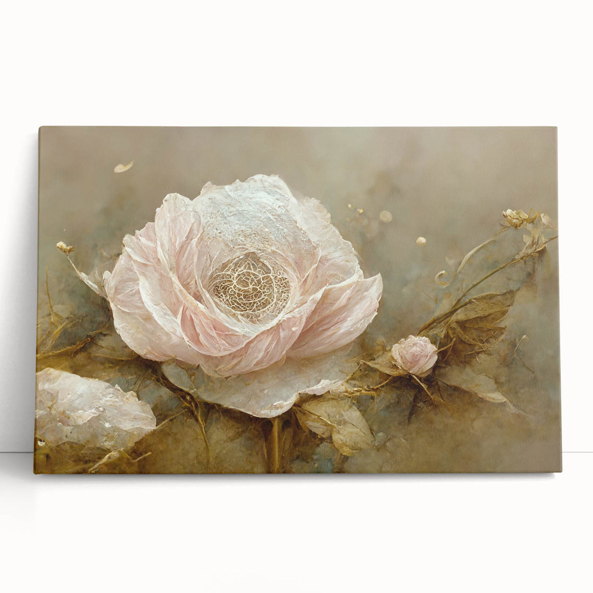 Stretched canvas artwork showcasing vibrant abstract floral designs in a modern style, featuring rich colors of blue, pink, and green, perfect for home decor.