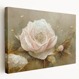 Abstract floral wall art on stretched canvas, showcasing vibrant colors and intricate designs, displayed in a side view to highlight depth and texture.