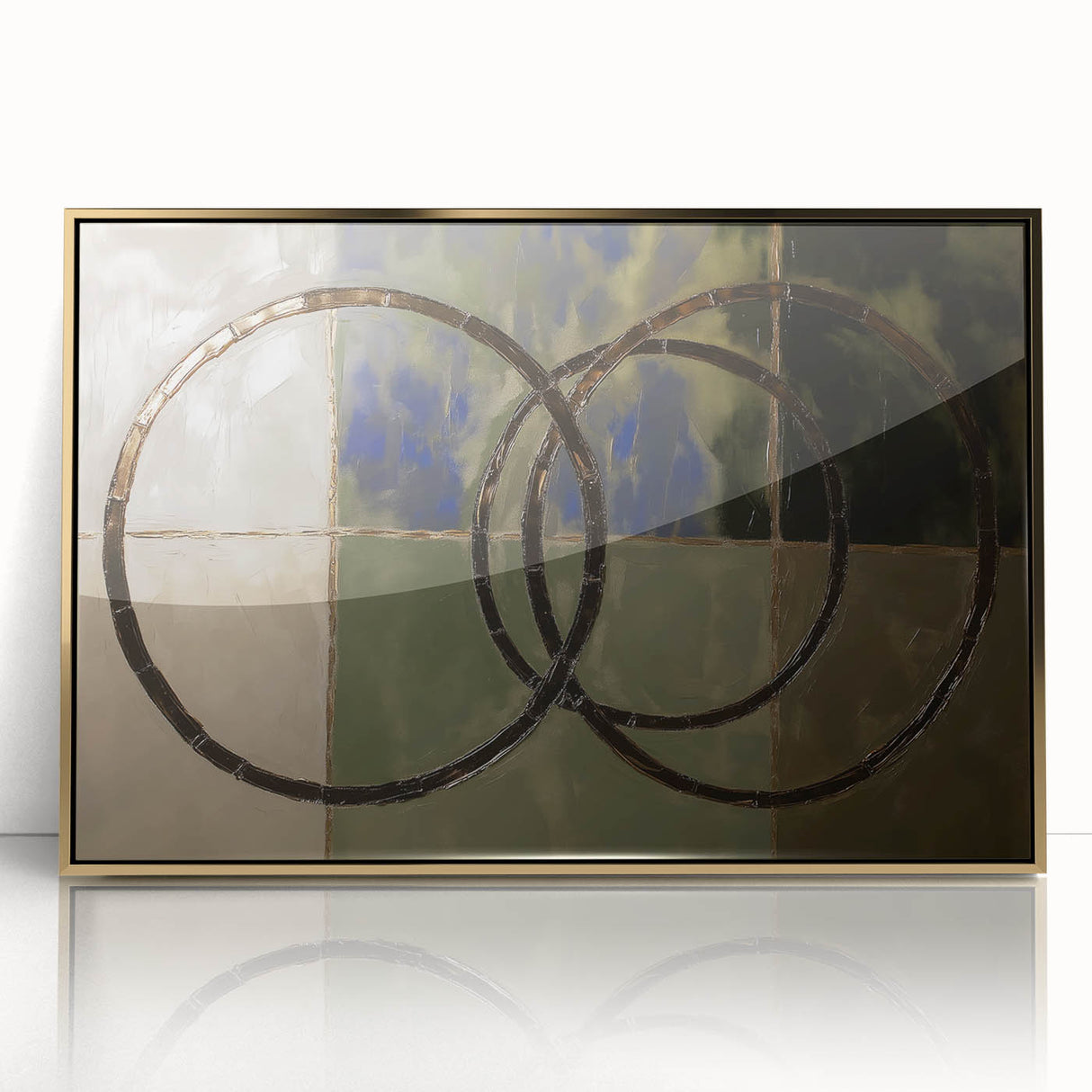 Framed abstract geometric acrylic art piece in gold, showcasing intricate shapes and patterns, ideal for modern home decor and artistic accents.