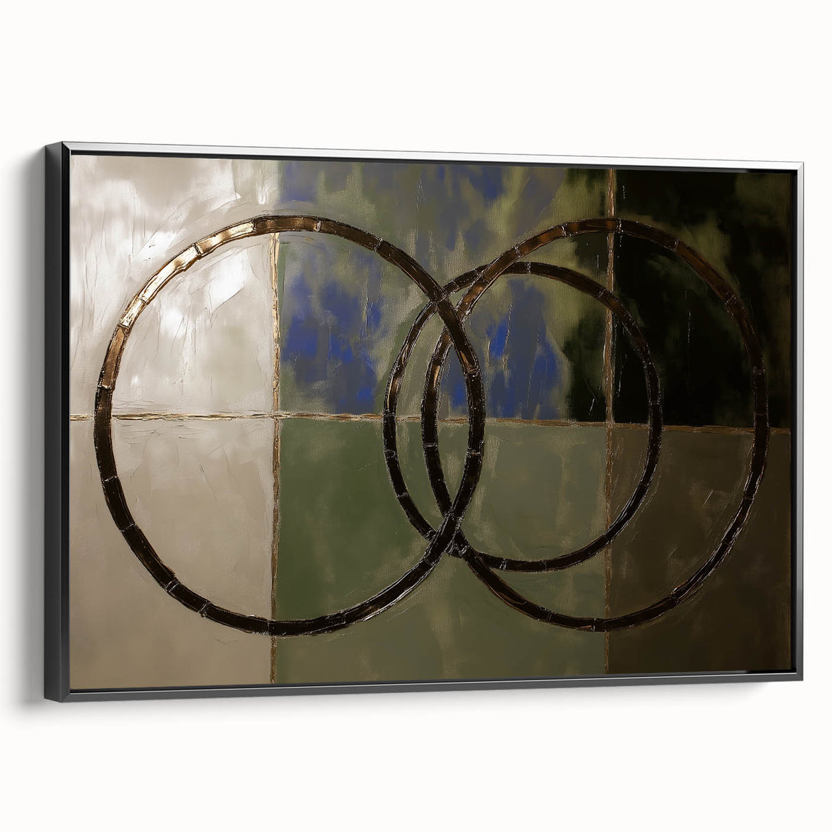 Framed canvas artwork showcasing an abstract geometric design in black, presented from a side view, highlighting its sleek edges and modern aesthetics, perfect for contemporary decor.