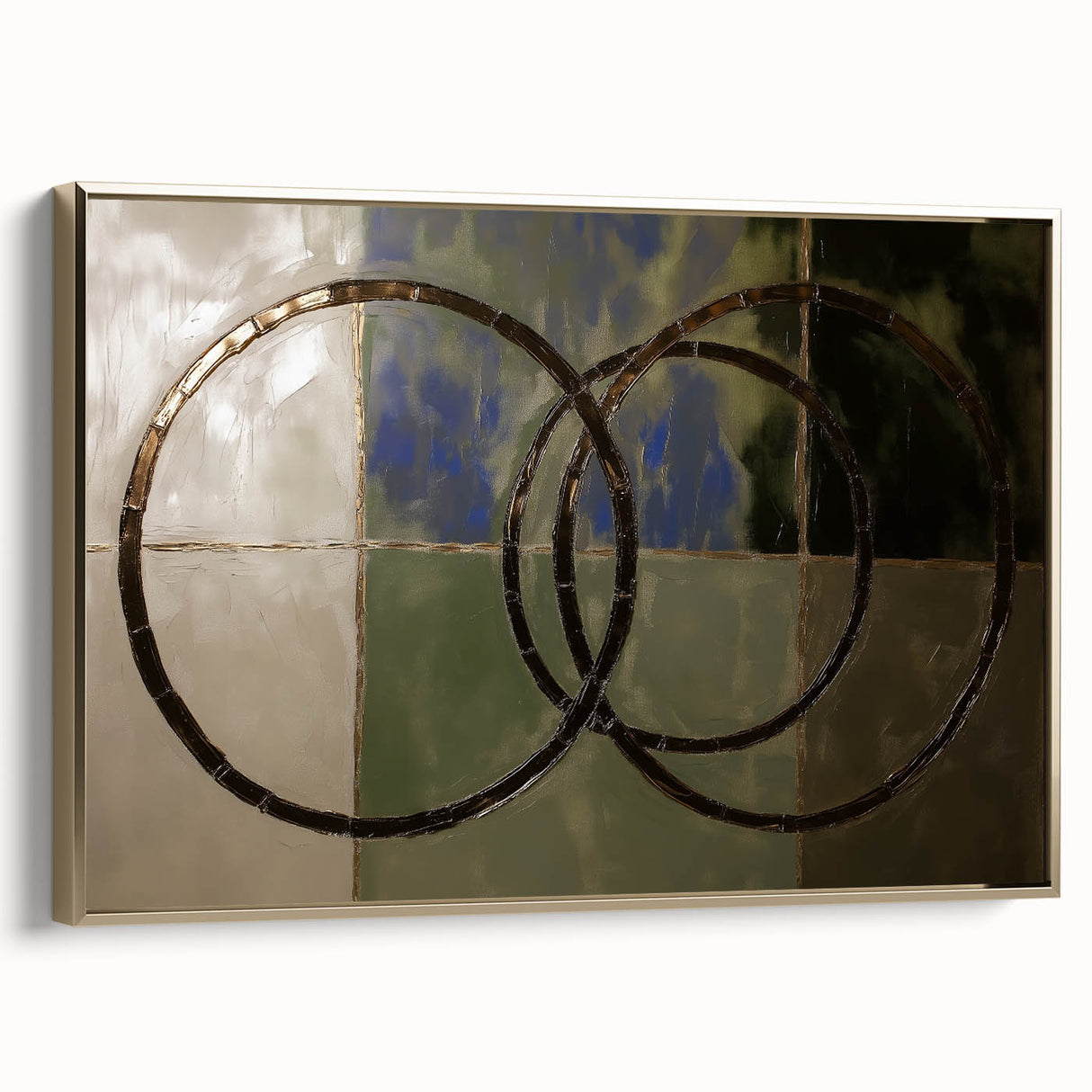 Framed abstract geometric canvas art with gold accents, showcasing a modern design ideal for contemporary decor. Perfect for enhancing living spaces with elegance.