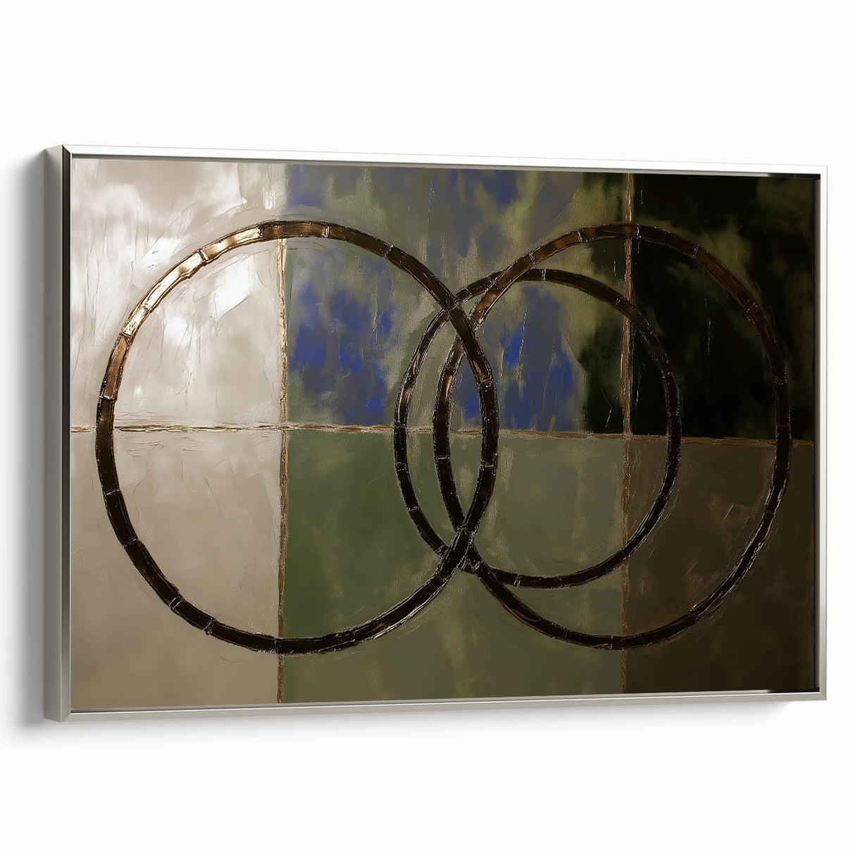 Framed geometric abstract canvas art in silver, showcasing intricate patterns and modern design, perfect for contemporary home decor or office spaces.