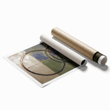 Abstract geometric rolled print showcasing vibrant colors and intricate shapes, elegantly packaged in a protective cardboard tube for easy display. Perfect for modern decor enthusiasts seeking unique artwork to enhance their space.