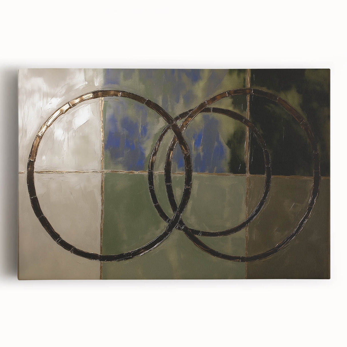 Abstract geometric stretched canvas artwork showcasing vibrant colors and dynamic shapes, ideal for modern home decor. Perfect for adding a contemporary touch to living spaces.