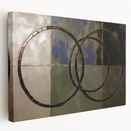 Abstract geometric stretched canvas artwork showcasing vibrant shapes and colors, displayed in a side view to highlight its depth and texture, ideal for modern decor.