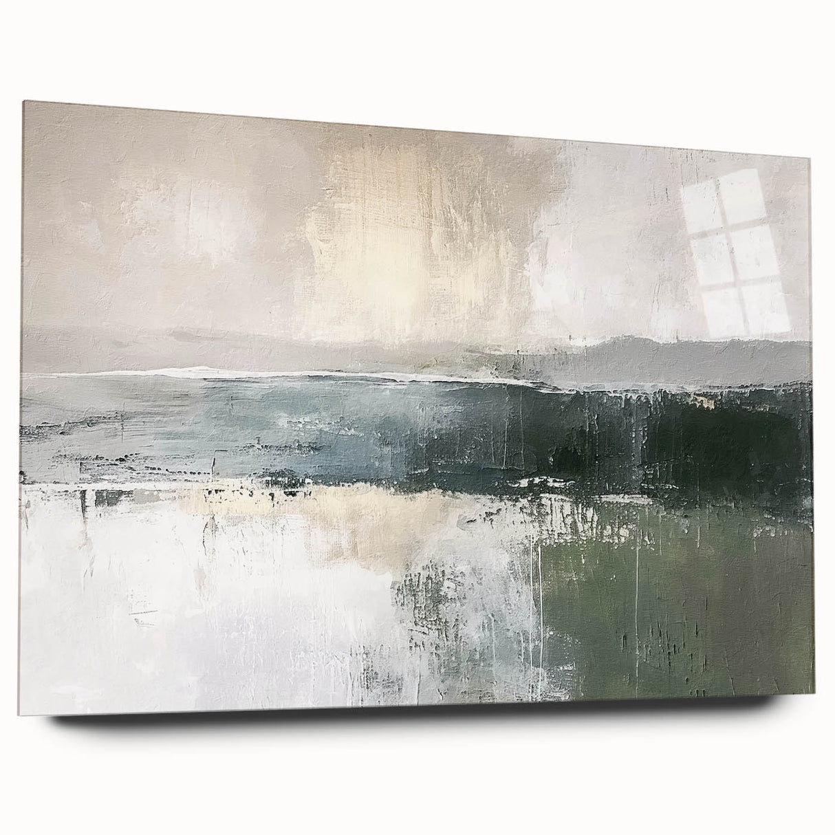 Abstract landscapes wall art featuring vibrant colors and fluid shapes, displayed in an acrylic glass frame from the side, highlighting its modern design and sleek finish.