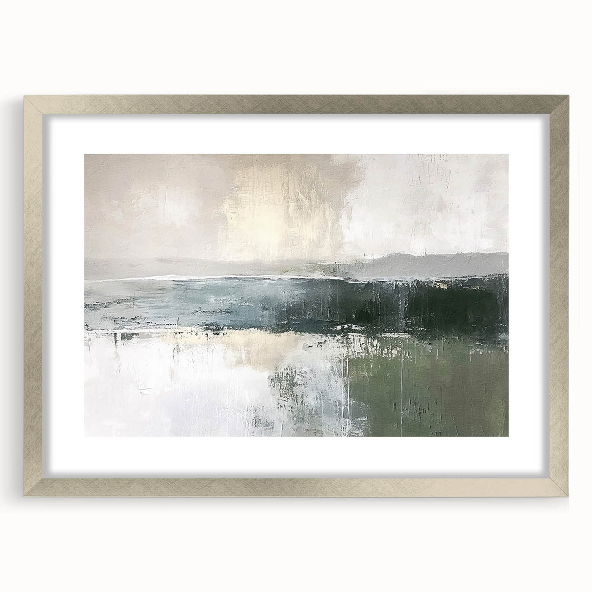 Abstract landscape wall art framed with a silver mat, showcasing vibrant colors and dynamic forms, perfect for modern home decor and artistic expression.